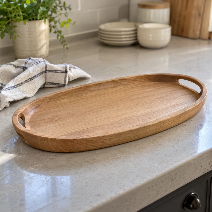 An entire oval wooden serving tray, including both handles, inside a square framing guide