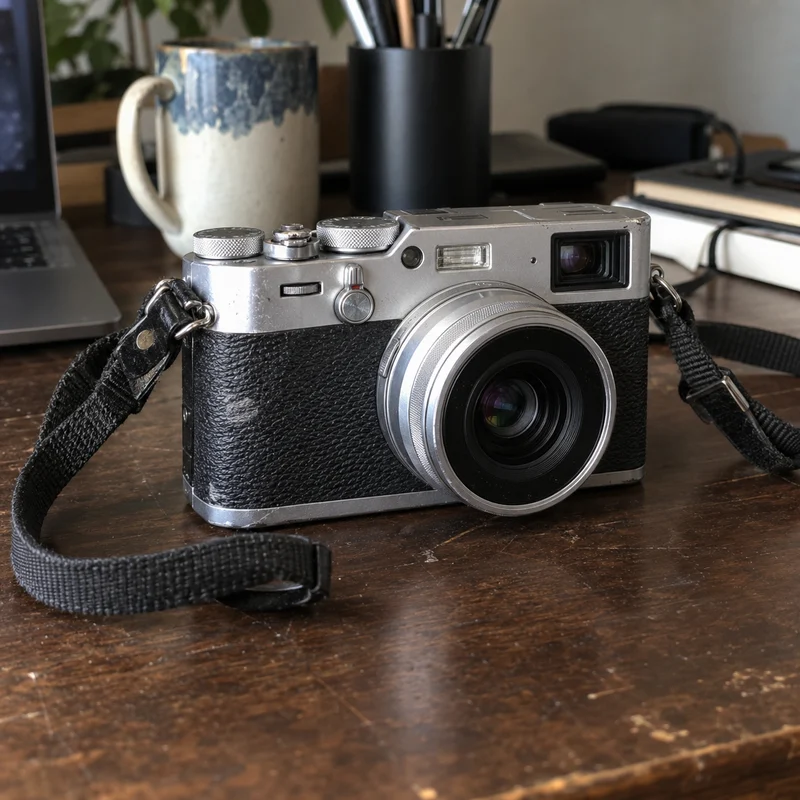 Used silver camera with visible wear and its strap on a desk