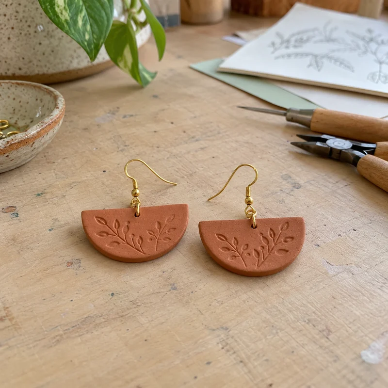 Handmade terracotta earrings with gold hooks on a craft table