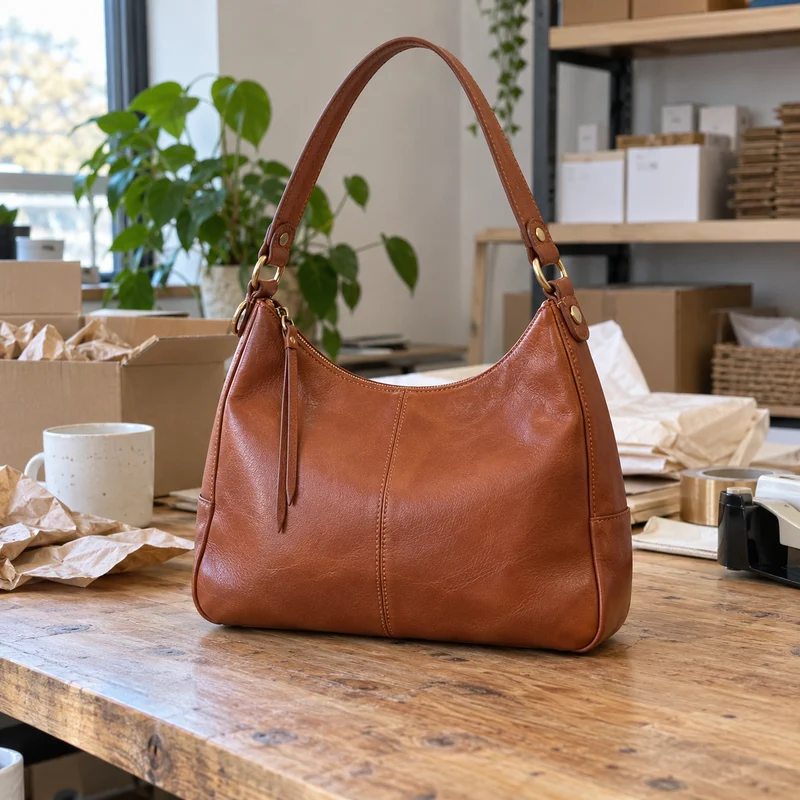 Brown leather shoulder bag photographed on a packing table