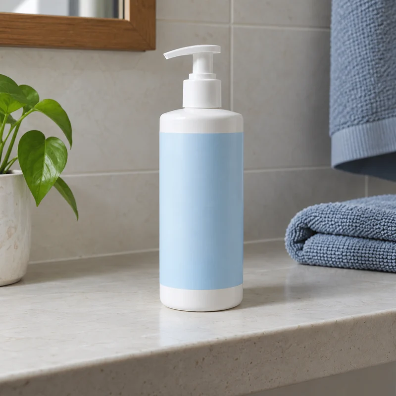 White pump bottle with a blue label in a square bathroom photograph