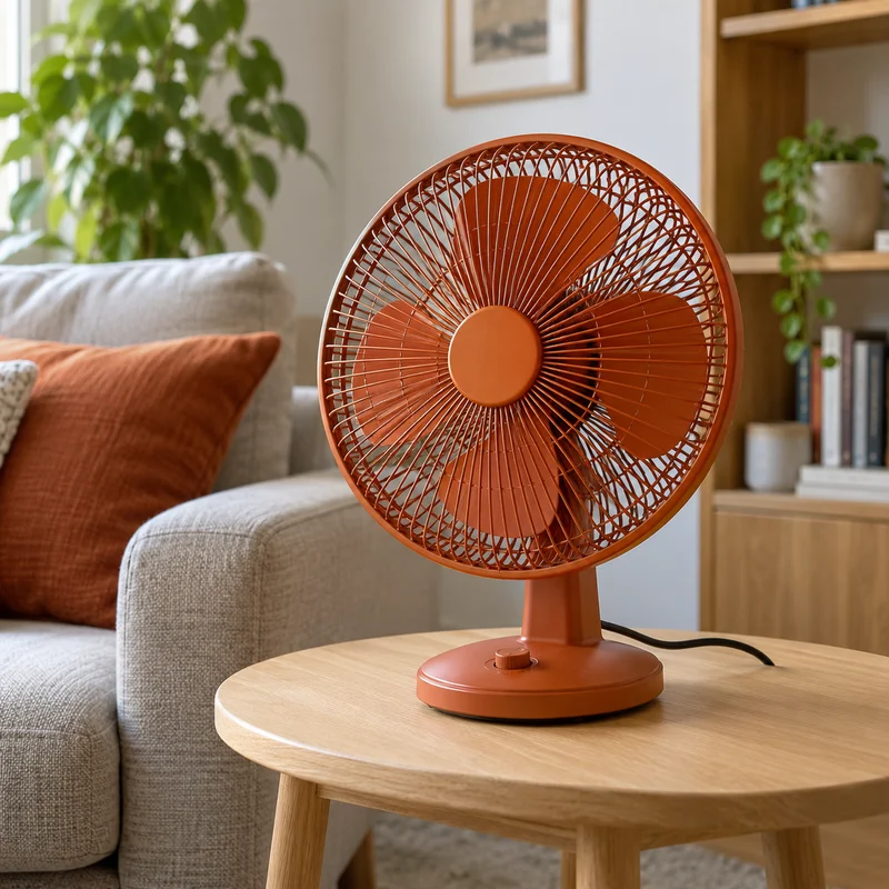 Orange desk fan photographed in a living room