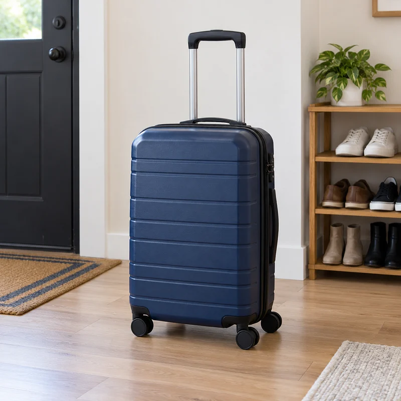 Navy carry-on suitcase photographed near a doorway